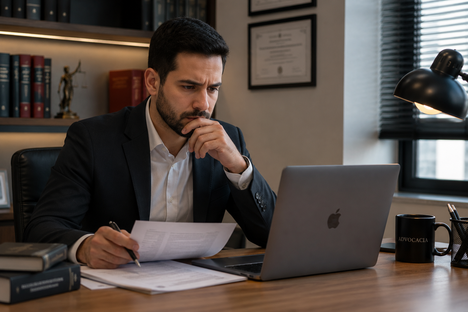 Advogado no escritório analisando valores
